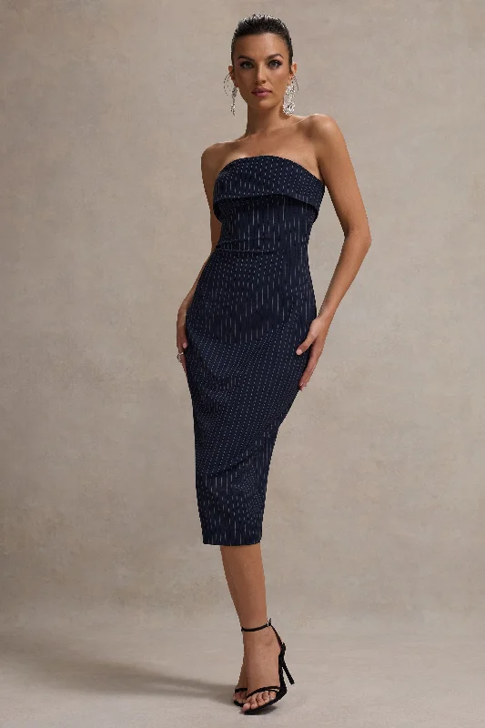 Women's Ruffled DressesHighway | Navy Pinstripe Strapless Midi Dress