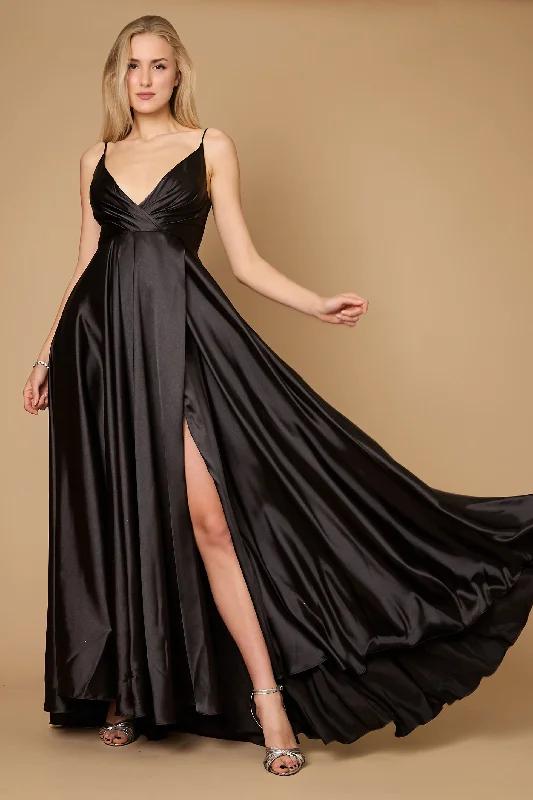 Women's Lapel Collar DressesLong Flowy Satin Formal Prom Party Dress Black