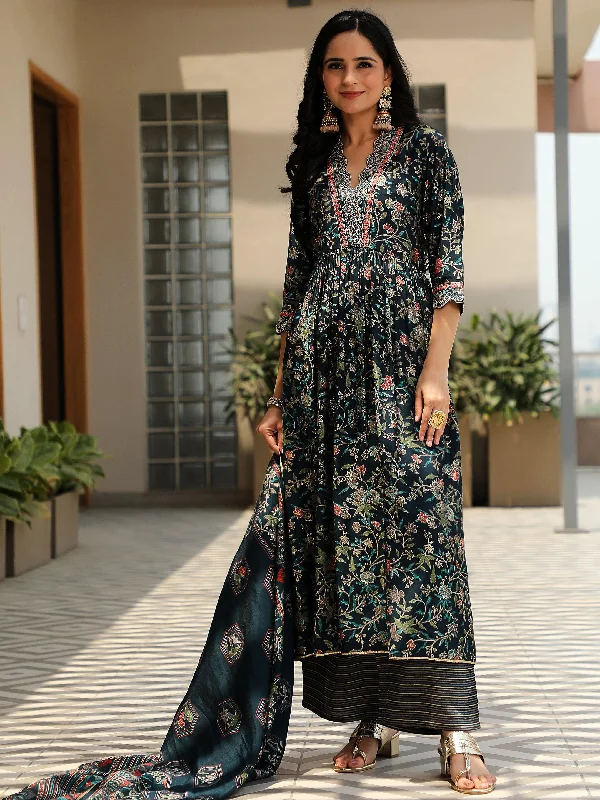 Women's Jumpsuits with Boat CollarBlue Printed Silk Blend A-Line Kurta With Palazzos & Dupatta