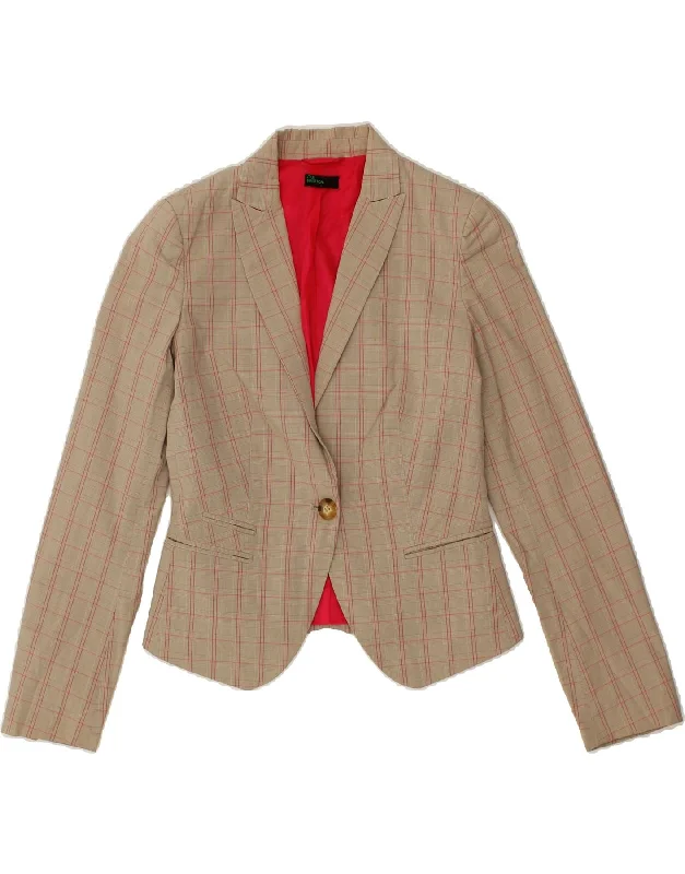 Women's Coats with Fur Trimmed SleevesBENETTON Womens Loose Fit 1 Button Blazer Jacket UK 6 XS  Beige Check