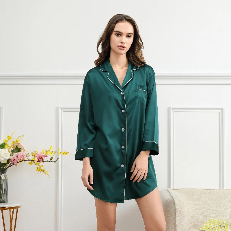 women's pajamas with pockets on the chestForest Green Satin Sleepshirt