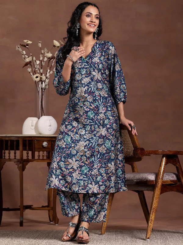 Women's Jumpsuits with Narrow CollarBlue Printed Silk Blend Co-Ords