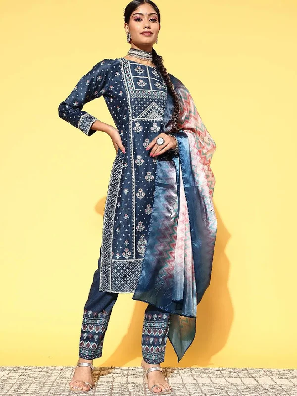 Women's Jumpsuits with Rounded CollarBlue Printed Silk Blend Straight Kurta With Dupatta