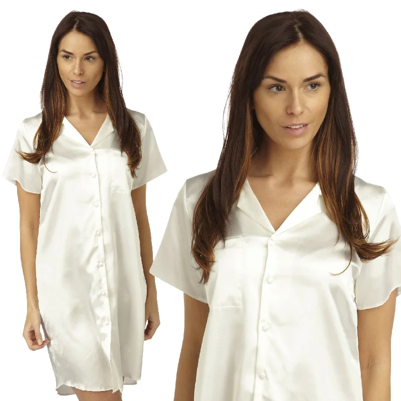 elegant women's satin pajamasPlain Ivory White Sexy Silky Shiny Satin Nightshirt Short Sleeve Negligee