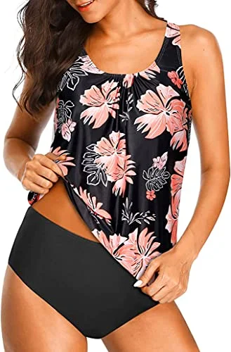 Women's Casual Athletic Tankini Sets Triangle Briefs-Black Orange Floral