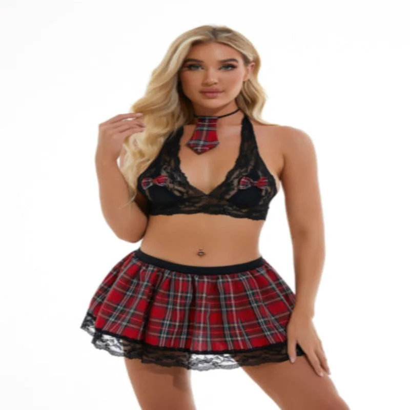 push-up bra with paddingRed Sexy student style deep V lattice&lattice stitching skirt 2 pc set(contain G-Strings)