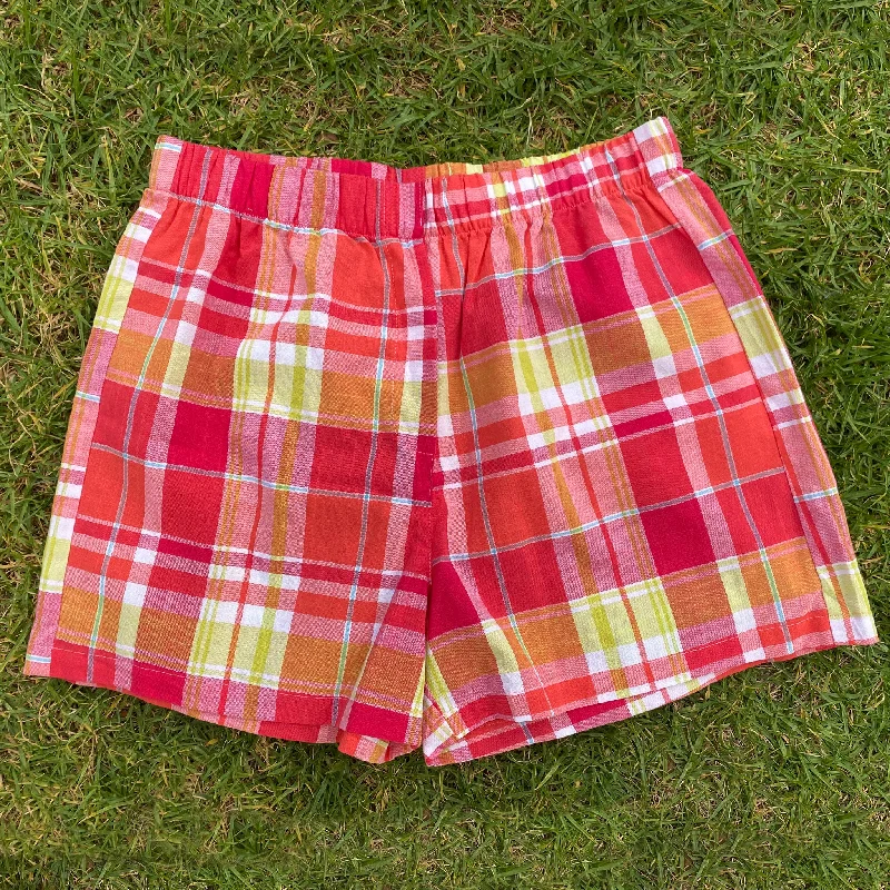 women's pajamas in bold patternsMoeraki Shorties - Red and Green Plaid