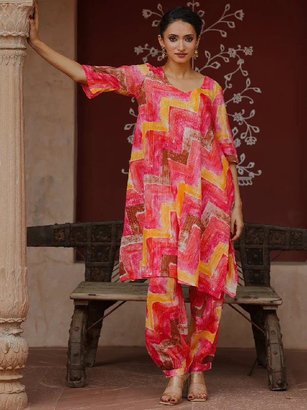 Women's Jumpsuits with High CollarCoral Printed Cotton Co-Ords