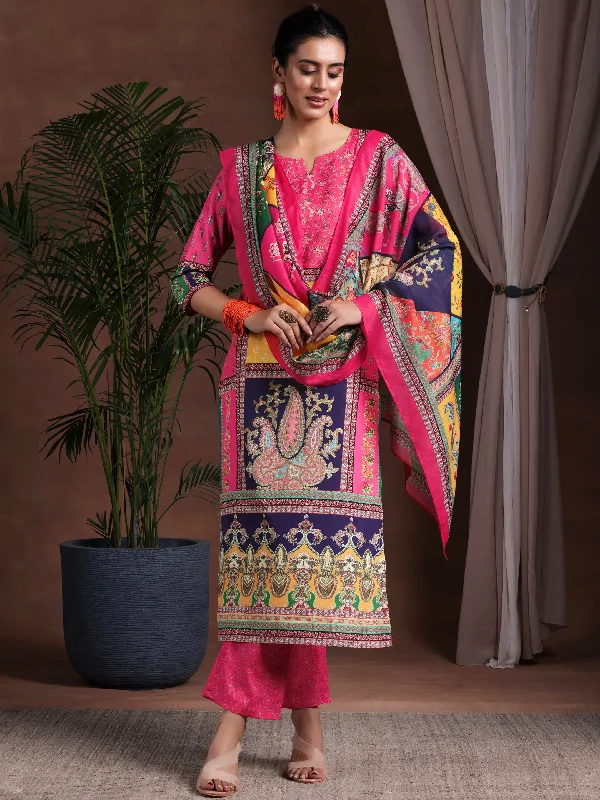 Women's Jumpsuits with V-Shaped CollarMulti Printed Poly Crepe Straight Suit With Dupatta