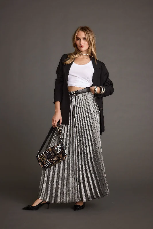 Women's Leather SkirtsElectric Love Gunmetal Metallic Pleated Maxi Skirt