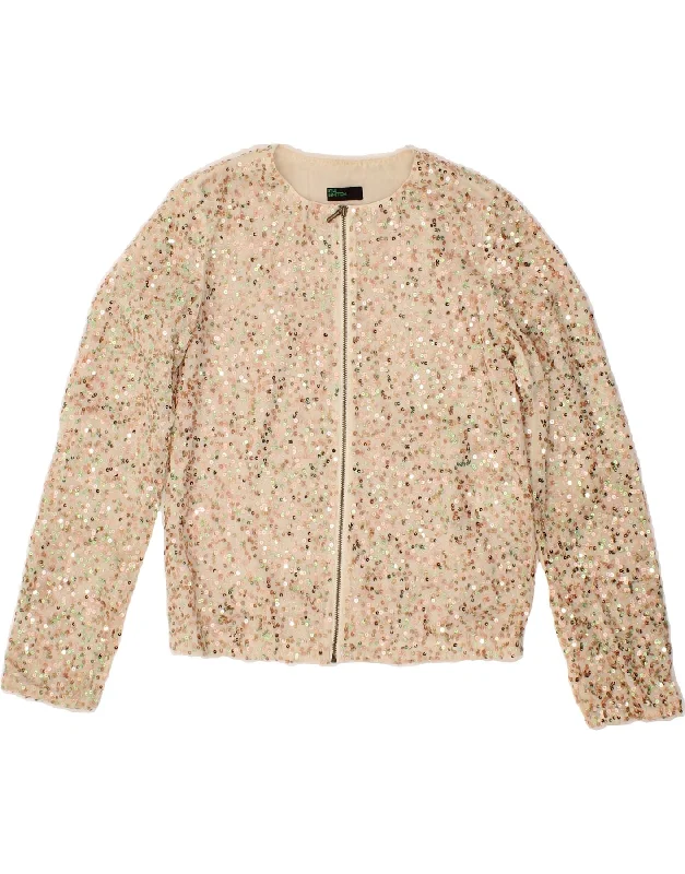 Women's Coats with Fur LiningBENETTON Womens Sequin Bomber Jacket UK 6 XS Beige Polyester