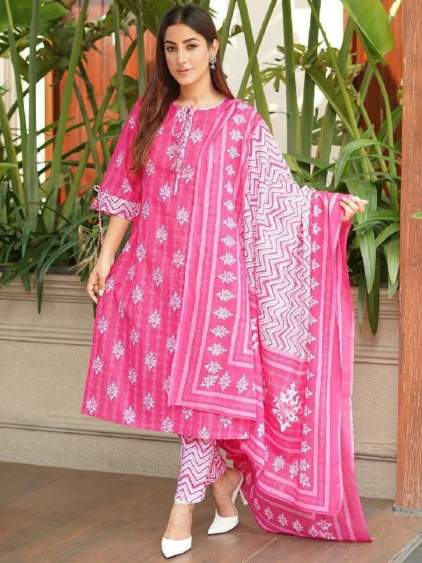 Women's Short-Sleeve JumpsuitsPink Printed Cotton Straight Kurta With Trousers & Dupatta