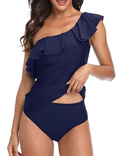 Asymmetric One Shoulder Neckline Swimsuits For Women-Navy Blue