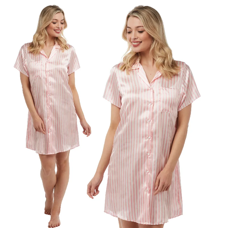 women's pajamas with adjustable strapsPink White Candy Stripe Sexy Silky Shiny Satin Nightshirt Nightie Short Sleeve Negligee