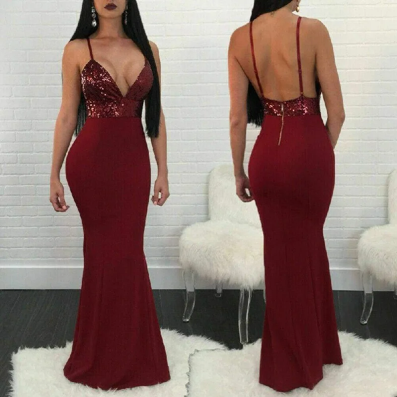 Women's High-Low DressesFashionSierra - New Women Formal Prom Long Sequin Dress V-Neck Sleeveless Bodycon SunDress Party Cocktail Long Slim Dress