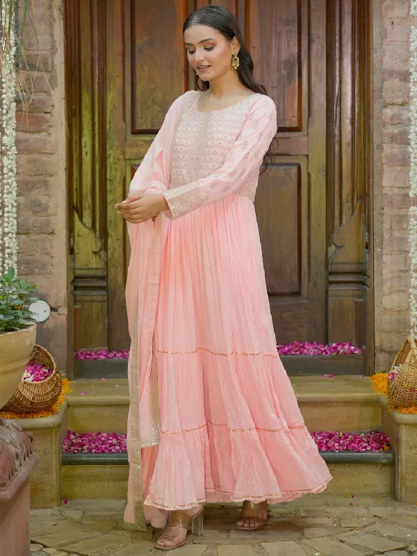 Women's Jumpsuits with CollarLibas Art Peach Embroidered Cotton Blend A-Line Kurta With Sharara & Dupatta