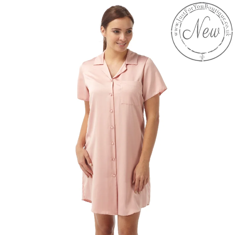 women's button-down pajama shirtsBlush Pink Sexy Satin Nightshirt Nightie Short Sleeve Knee Length Negligee PLUS SIZE