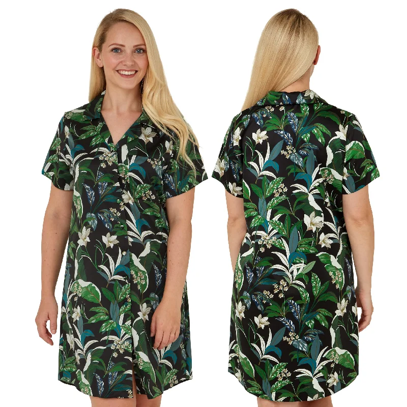 women's button-down pajama shirtsTropical Floral Palm Print Sexy Satin Nightshirt Nightie Short Sleeve Negligee PLUS SIZE