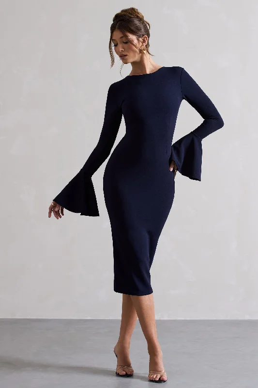 Women's Halter DressesRhyanne | Navy Bodycon Flared-Sleeve Midi Dress