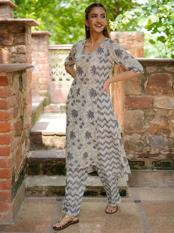 Women's Jumpsuits with Shirt CollarBeige Printed Cotton A-Line Kurta With Palazzos