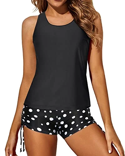 Athletic And Flattering Tank Top Boy Shorts For Women's Swimwear-Black Dot