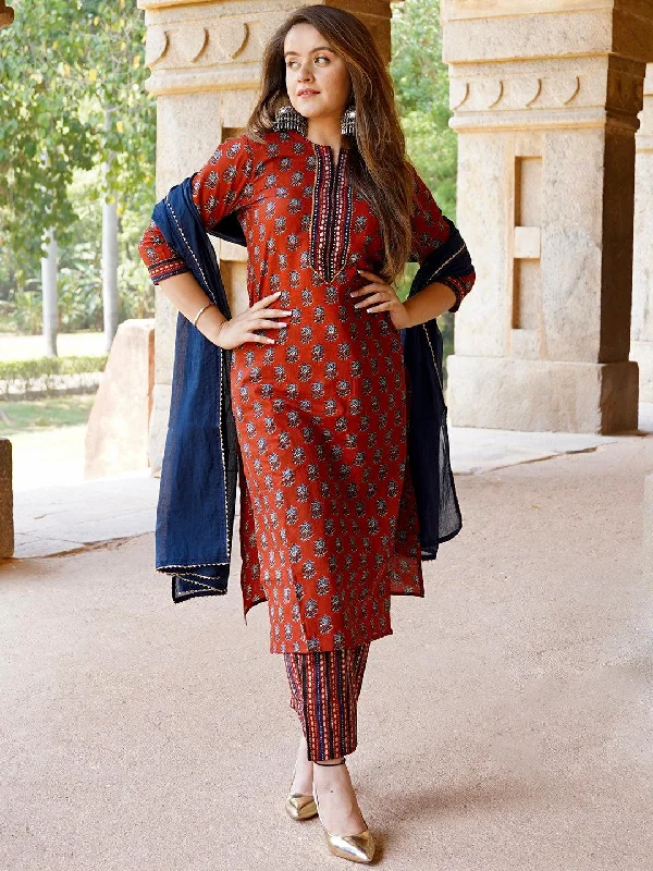 Women's Jumpsuits with Rounded CollarRust Printed Cotton Straight Suit With Dupatta