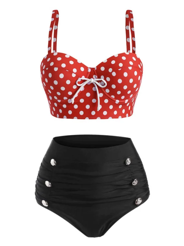 Red 1950s Strap Polka Dot Bikini Set