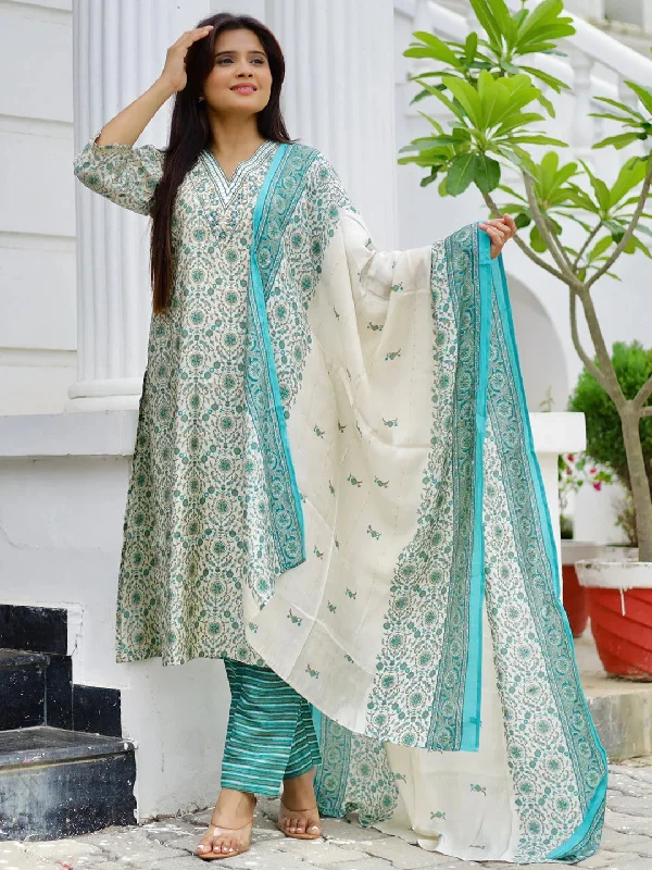 Women's Jumpsuits with Peter Pan CollarBlue Printed Silk Blend Straight Suit With Dupatta