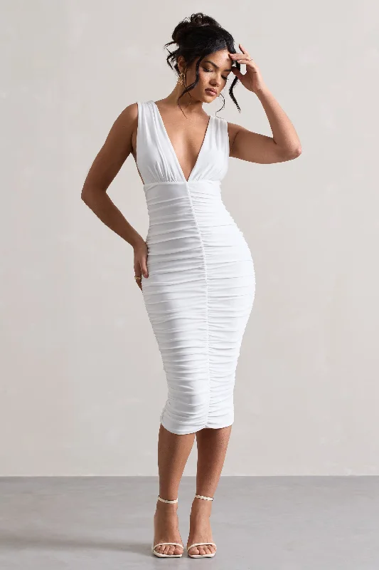 Women's One-Shoulder DressesAttract | White Ruched Plunge-Neck Midi Dress