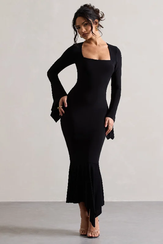 Women's High-Neck DressesMeliora | Black Square-Neck Flute-Sleeve Asymmetric Midi Dress