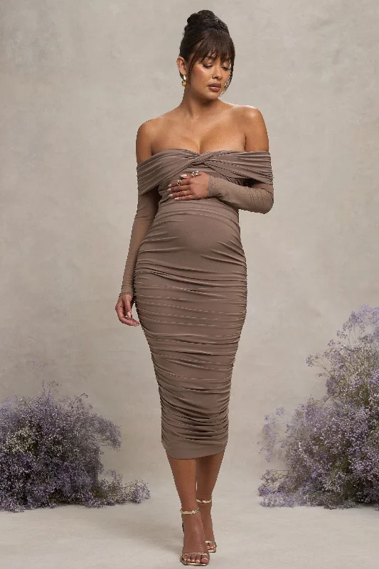 Women's Keyhole-Neck DressesNeva | Mocha Bardot Twist Maternity Midi Dress