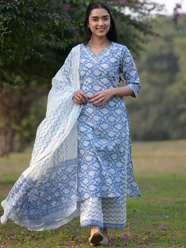 Women's Jumpsuits with Narrow CollarBlue Printed Cotton Straight Suit With Dupatta