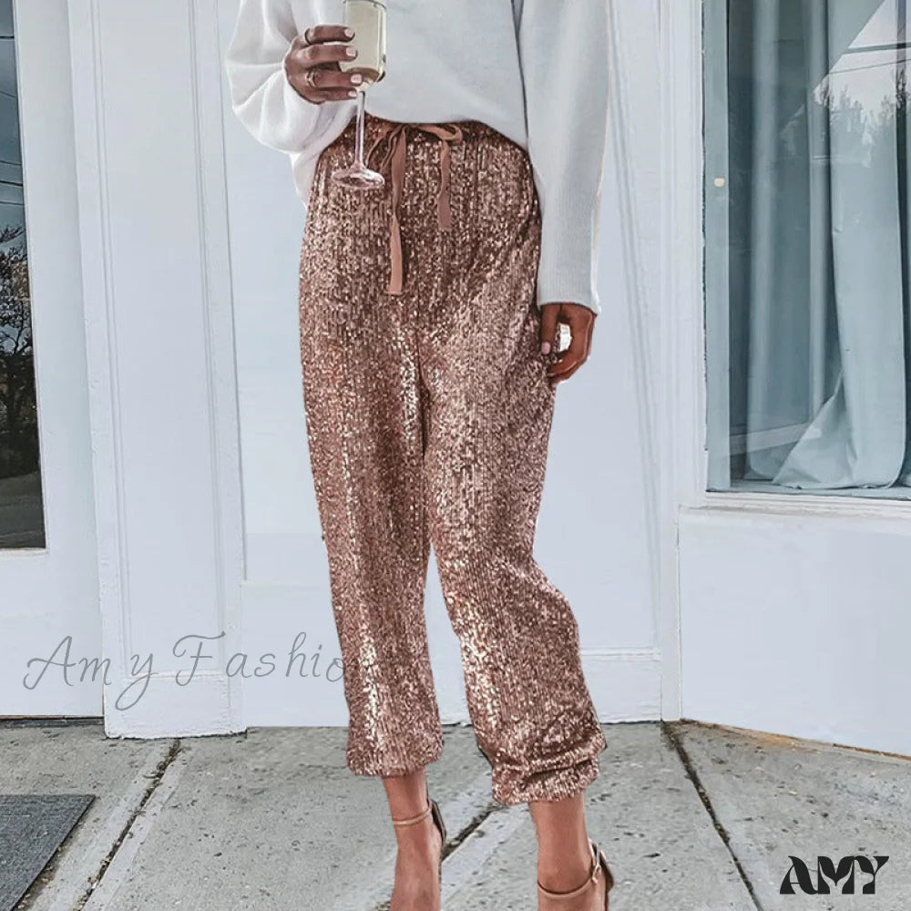 Women's Jodhpurs with Square CollarAmy Fashion - High Waist Sequin Long Pants