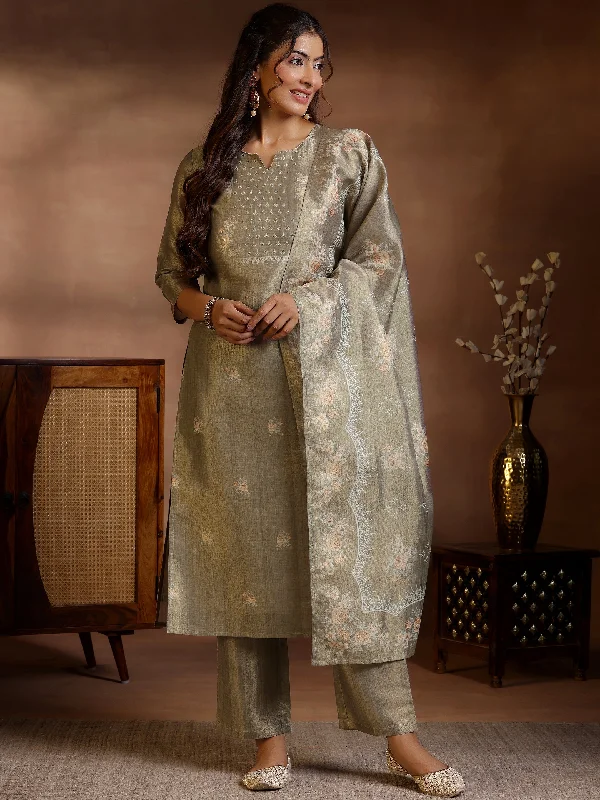 Women's Jumpsuits with V-Shaped CollarBrown Printed Silk Straight Suit With Dupatta