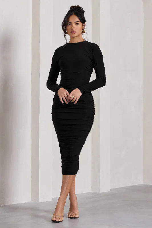 Women's Square-Neck DressesEmilie | Black Ruched Long-Sleeve Midi Dress