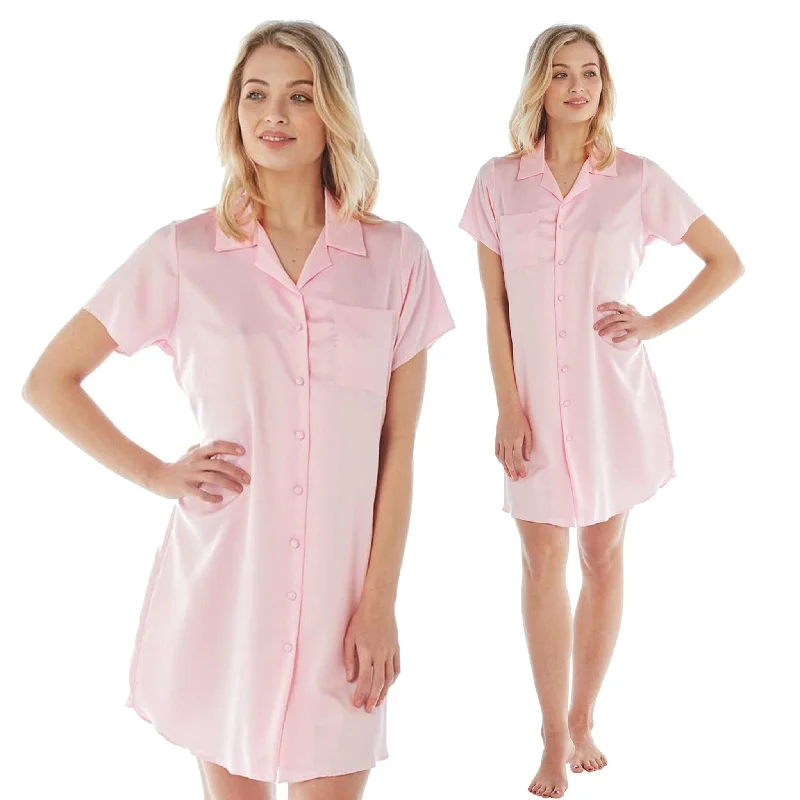 women's pajamas with pocketsRose Pink Sexy Satin Nightshirt Nightie Short Sleeve Knee Length Negligee