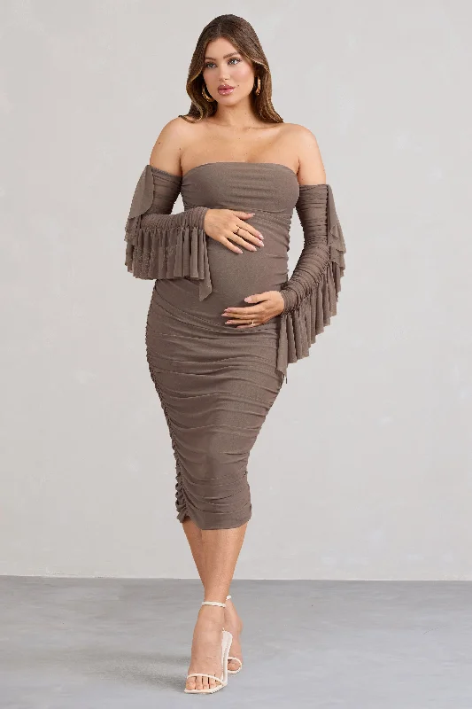 Women's Keyhole-Back DressesAroma | Brown Ruched Mesh Maternity Midi Dress With Ruffled Sleeves