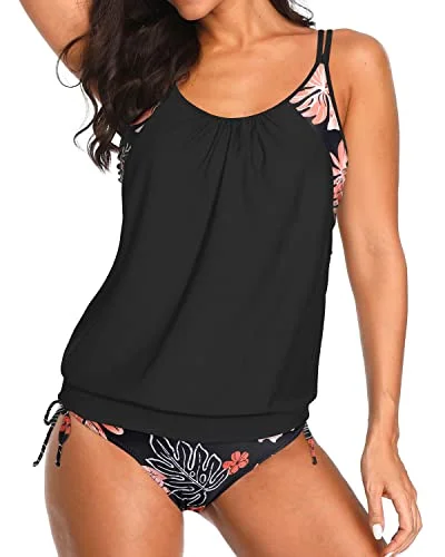 2 Piece Tankini Set Blouson Swim Tops And Bikini Bottoms-Black Floral