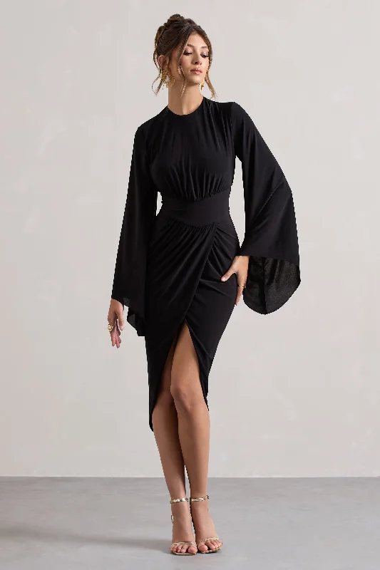 Women's Wide Collar DressesLennox | Black Drape-Sleeve Gathered Midi Dress