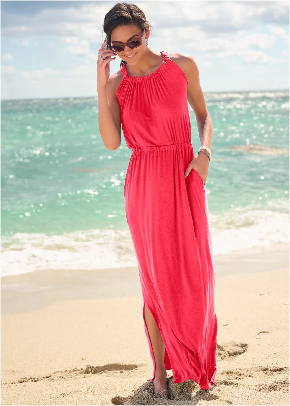 Women's V-Shaped Collar DressesGathered Neckline Maxi - Sunset Pink