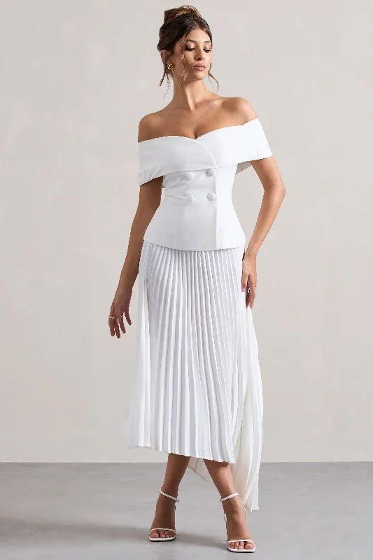 Women's Shawl Collar DressesHattie | White Bardot Tailored Midi Dress With Plisse Skirt