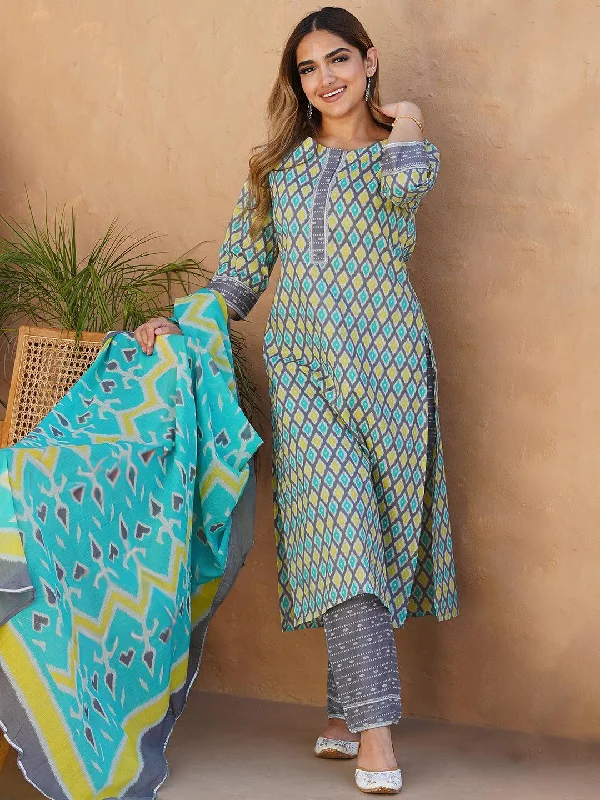 Women's Jumpsuits with Narrow CollarGrey Printed Cotton Straight Suit With Dupatta