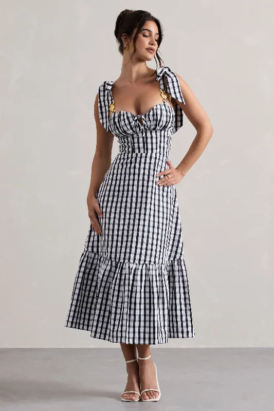 Women's V-Shaped Collar DressesBrighton | Black & White Gingham Sweetheart Midi Dress