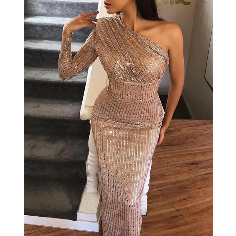 Women's Off-the-Shoulder DressesFashionSierra - One Sleeeve Bodycon Sequined Dress