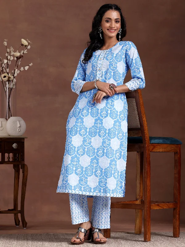 Women's Jumpsuits with Shawl CollarBlue Printed Cotton Straight Kurta Set