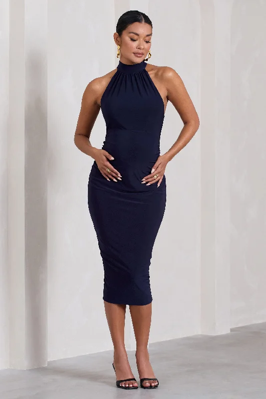 Women's Bodycon DressesDora | Navy Halter-Neck Open-Back Maternity Midi Dress