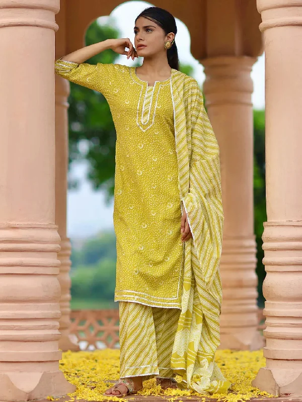 Women's Jumpsuits with Keyhole CollarLime Green Printed Cotton Straight Suit With Dupatta