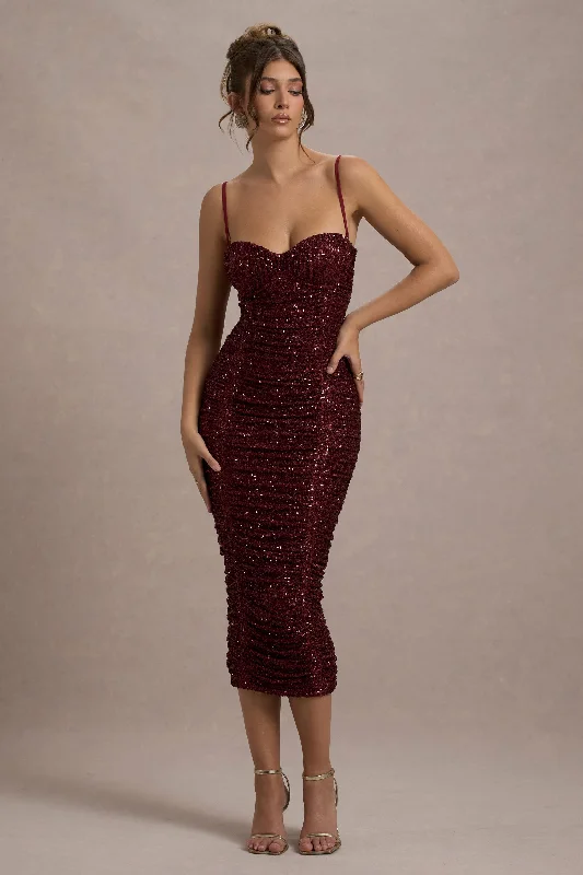 Women's Keyhole Collar DressesNew Energy | Plum Sequin Strappy Ruched Bodycon Midi Dress