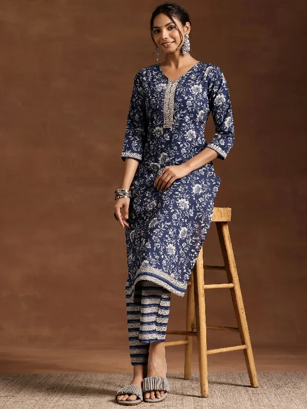 Women's OverallsBlue Printed Cotton Straight Kurta Set