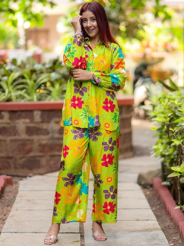 Women's Jumpsuits with Asymmetrical HemGreen Printed Silk Blend Co-Ords